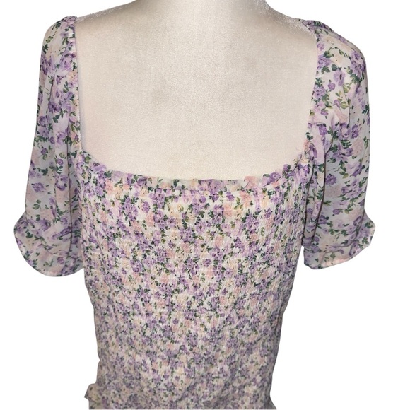 Haute Monde Lavender Pink Ditsy Floral Flirty Smocked Floral Ruffle Hem Dress - Picture 5 of 9